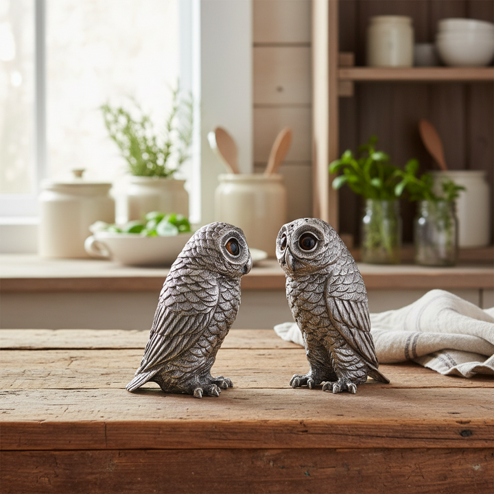 Two owl figurines on a wooden surface with a kitchen background