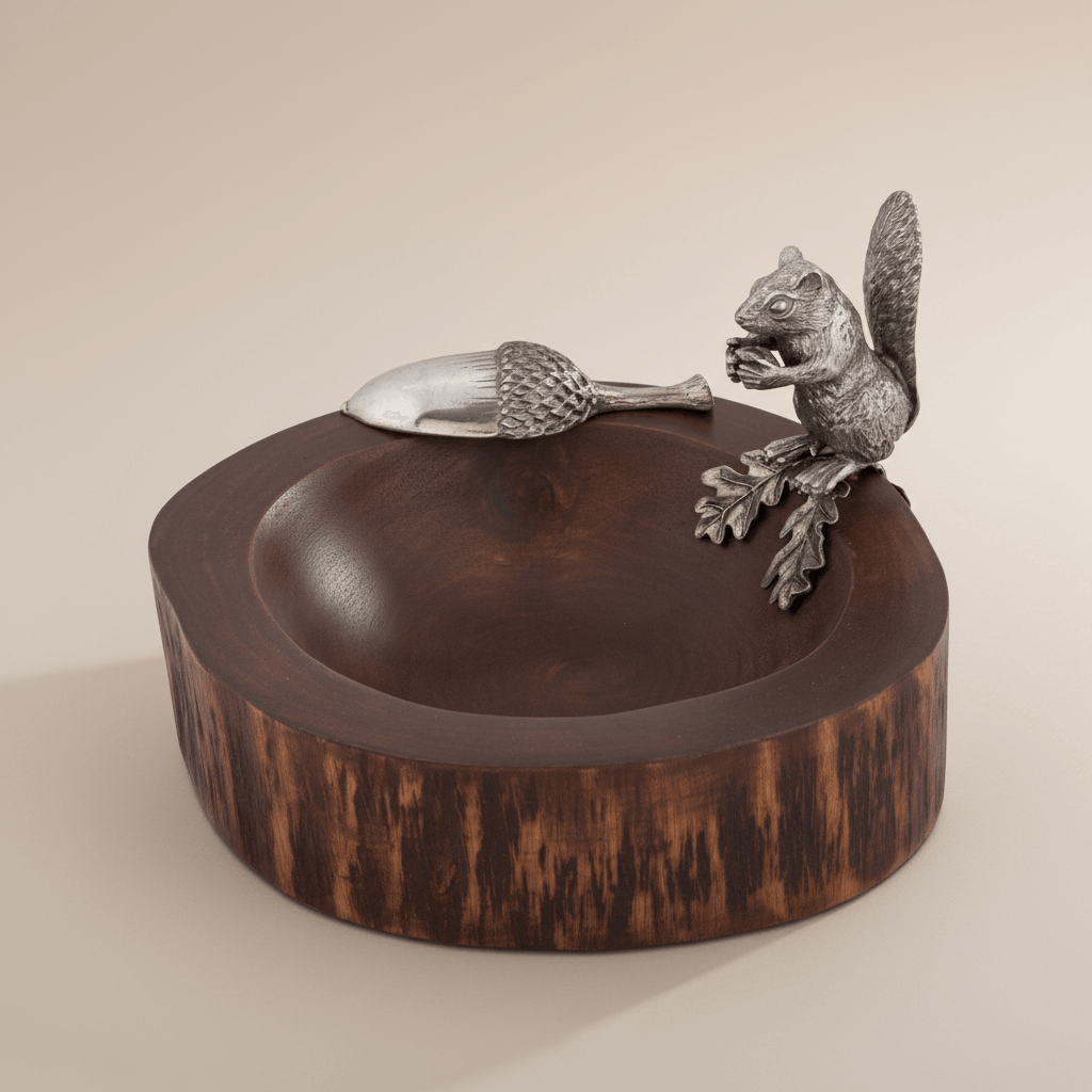 Decorative wooden bowl with metal squirrel and acorn embellishments on a beige background