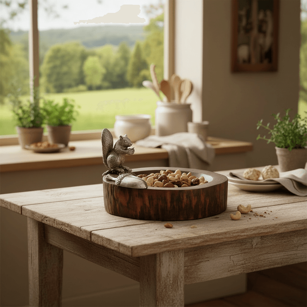 Wooden bowl with nuts and a squirrel figurine on a rustic wooden table with a window view of greenery.