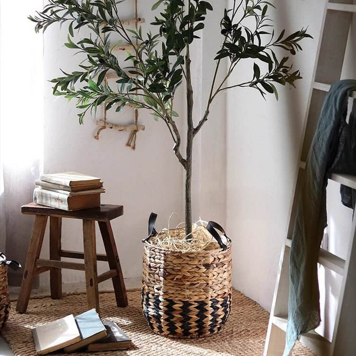 Two-Tone Basket Planter with Leather Handles