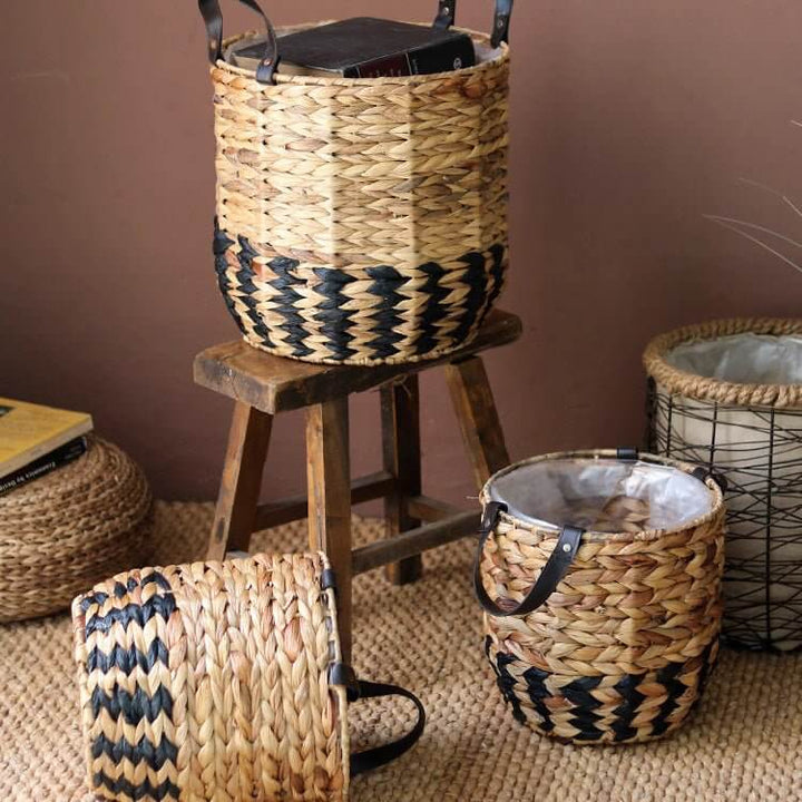 Two-Tone Basket Planter with Leather Handles