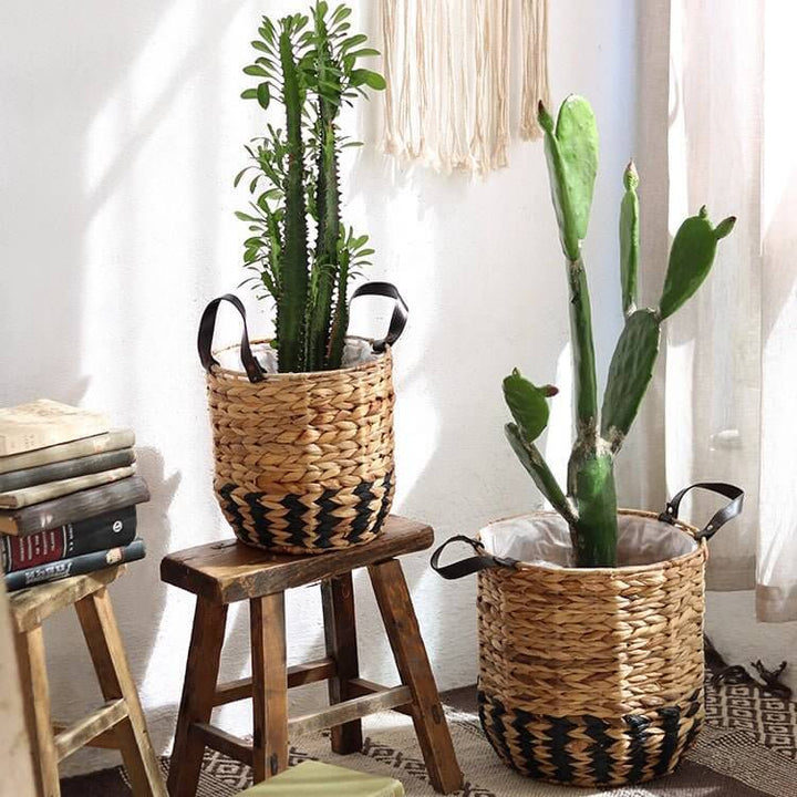 Two-Tone Basket Planter with Leather Handles