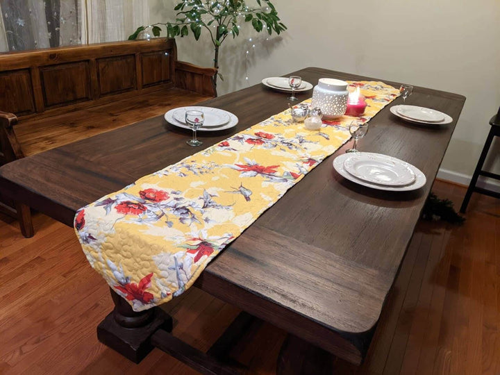 Yellow Floral Vintage Hummingbirds Garden Table Runner (925) on rustic dining table