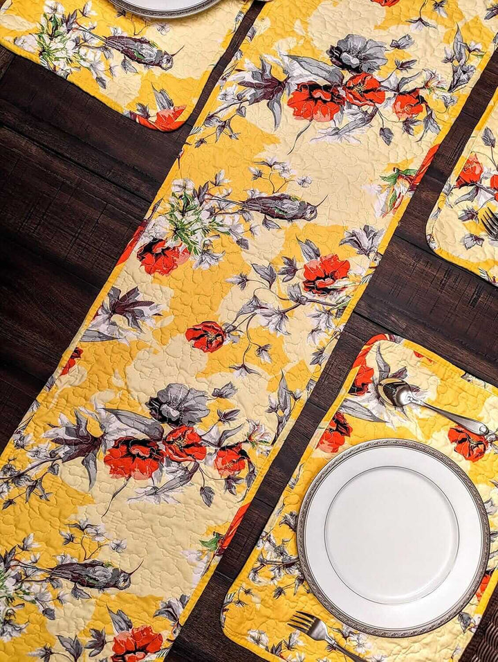 Yellow Floral Vintage Hummingbirds Garden Table Runner (925) with red, grey, and green floral patterns.