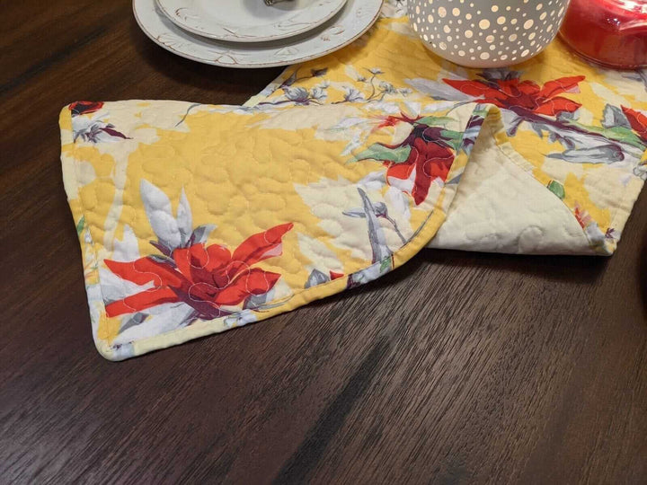 Yellow Floral Vintage Hummingbirds Garden Table Runner (925) with red and grey floral patterns.