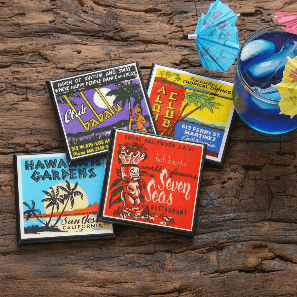 Colorful vintage-style drink coasters on a wooden surface with a cocktail.