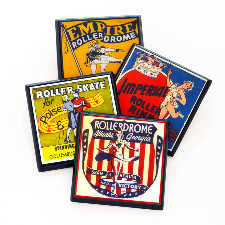 Set of four vintage-style roller skating posters on a white background