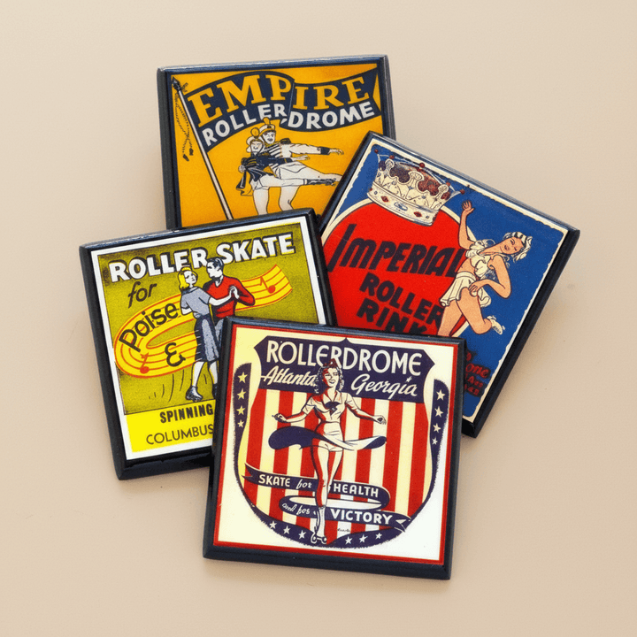Four vintage-style roller skating posters on a beige background