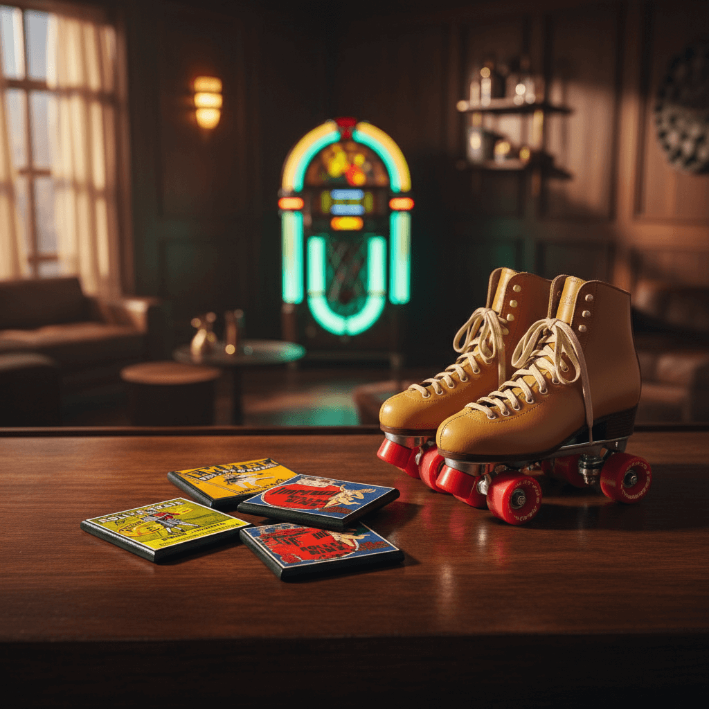 Pair of yellow roller skates on a wooden table with a jukebox in the background