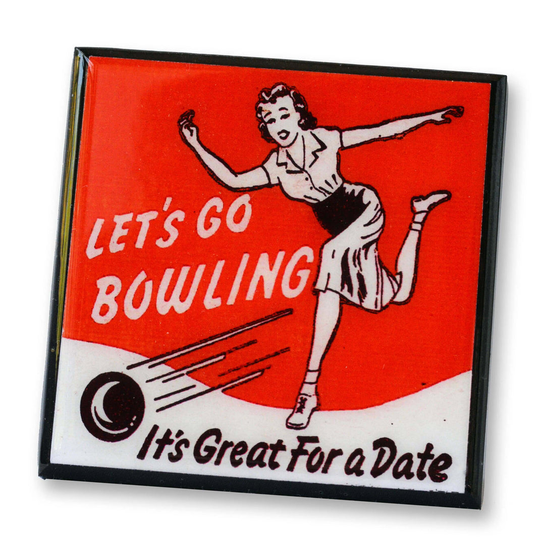Vintage-style coaster with a woman bowling and text 'Let's Go Bowling, It's Great For a Date' on a red background.