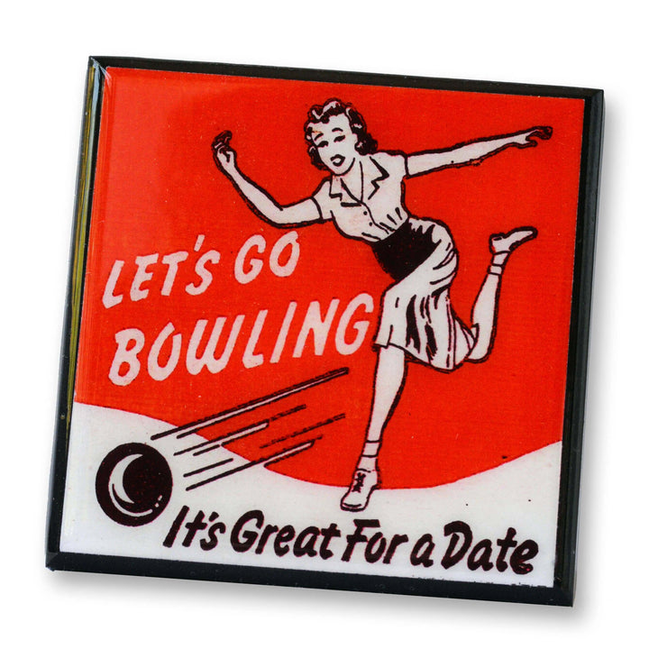 Vintage-style coaster with a woman bowling and text 'Let's Go Bowling, It's Great For a Date' on a red background.