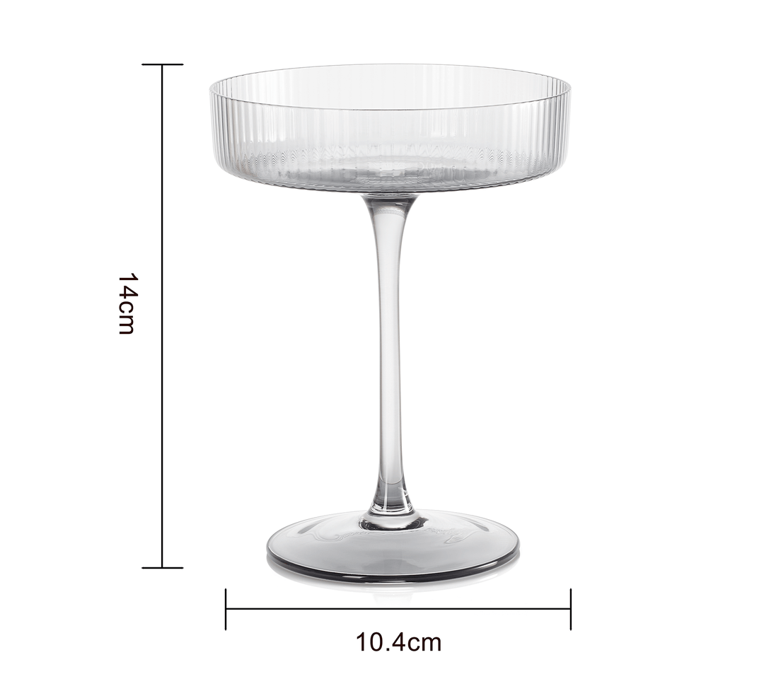 Ribbed Coupe Cocktail Glasses 8 oz | Set of 2 | Classic Manhattan Glasses For Cocktails, Champagne Coupe, Ripple Coupe Glasses, Art Deco Gatsby Vintage, Crystal with Stems (Smoke Grey)