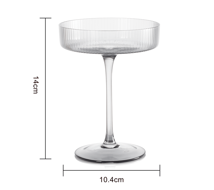 Ribbed Coupe Cocktail Glasses 8 oz | Set of 2 | Classic Manhattan Glasses For Cocktails, Champagne Coupe, Ripple Coupe Glasses, Art Deco Gatsby Vintage, Crystal with Stems (Smoke Grey)