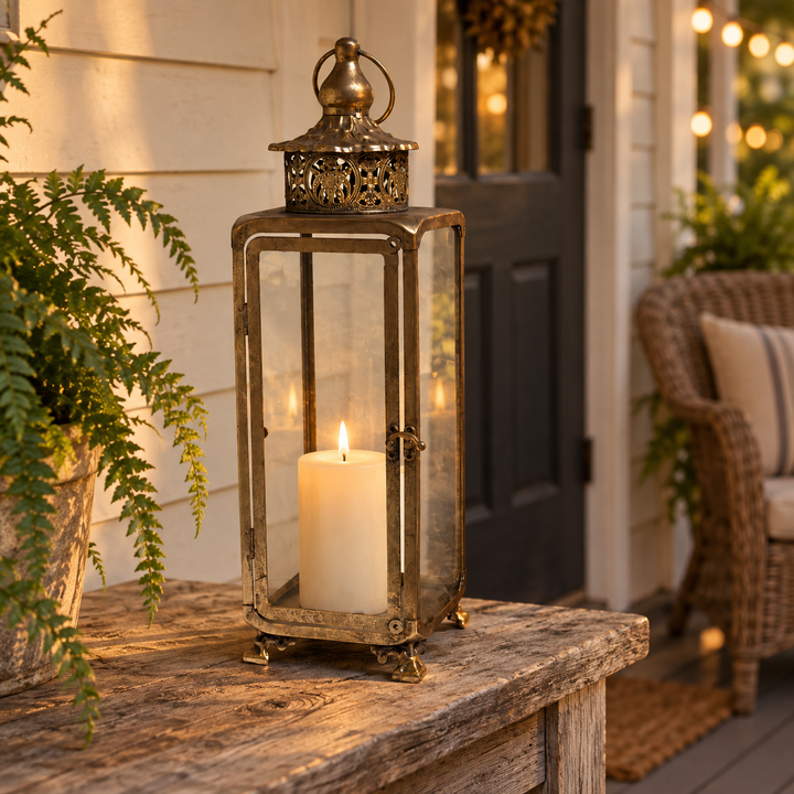 Aged Brass Glass Lantern with Filigree Crown glowing on a covered porch table