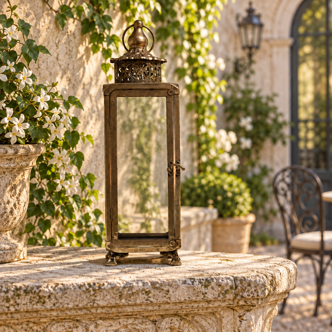 Aged Brass Glass Lantern with Filigree Crown beside greenery at dusk
