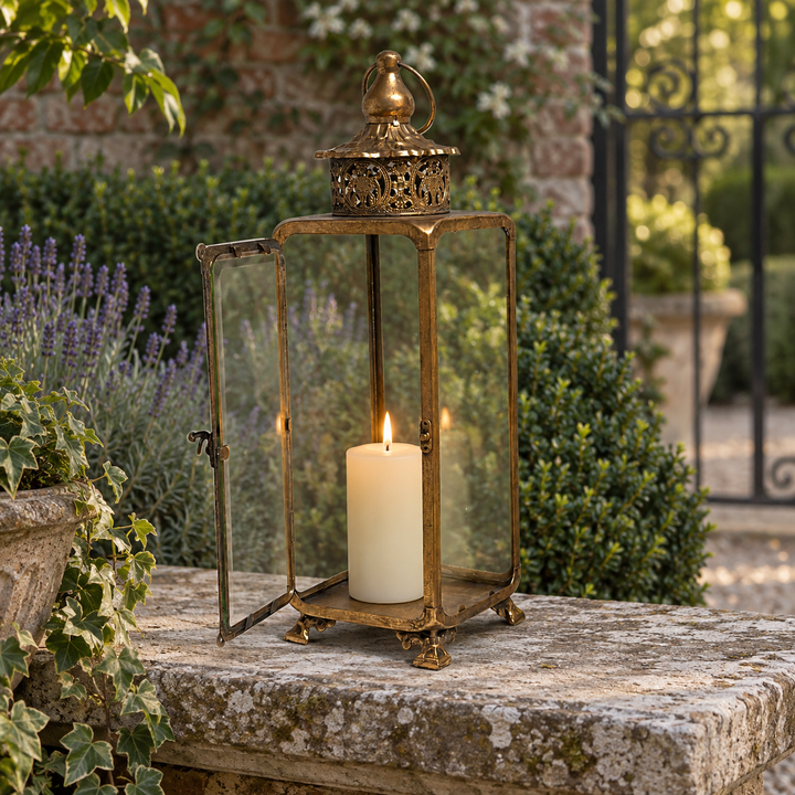 Aged Brass Glass Lantern with Filigree Crown styled in an old-world entry