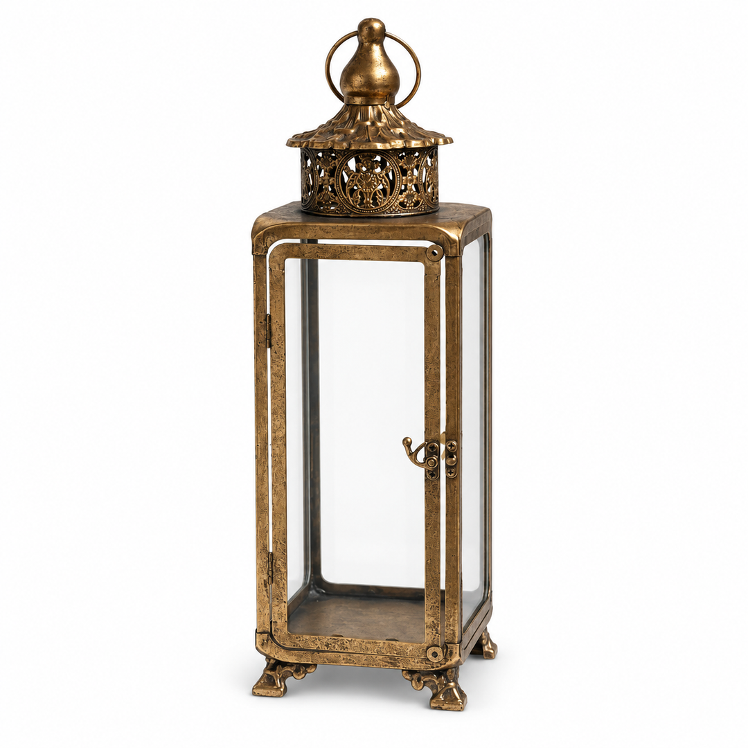 Full Aged Brass Glass Lantern with Filigree Crown against a neutral background