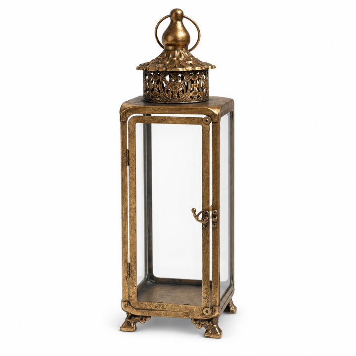 Full Aged Brass Glass Lantern with Filigree Crown against a neutral background