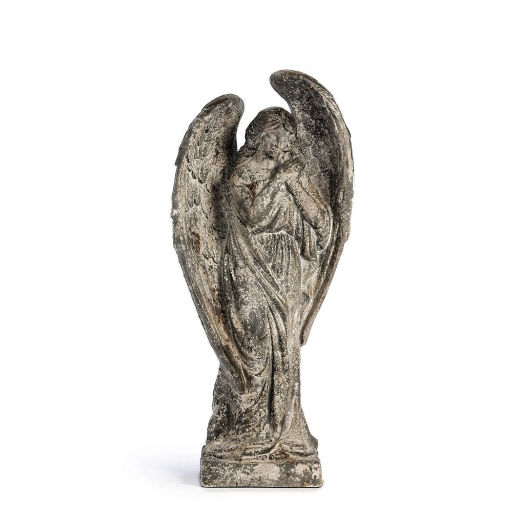 Aged Stone Italian Garden Angel Statue with weathered patina and detailed wings, mimicking a classic Old World garden aesthetic.