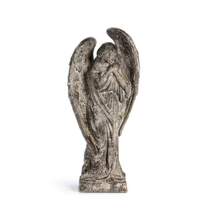 Aged Stone Italian Garden Angel Statue with weathered patina and detailed wings, mimicking a classic Old World garden aesthetic.