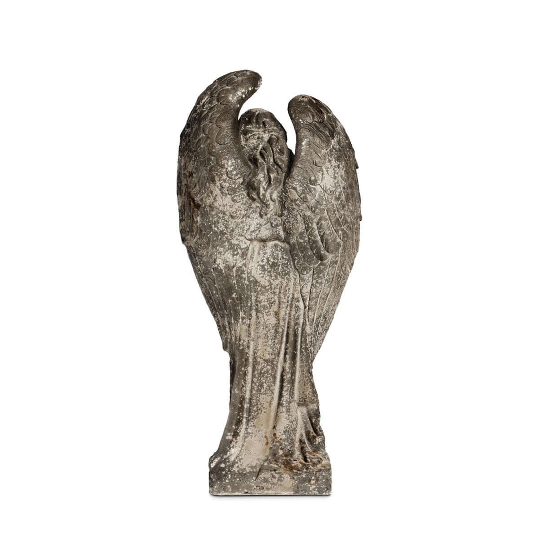 Aged Stone Italian Garden Angel Statue with weathered finish, wings arched protectively, standing in serene contemplation.