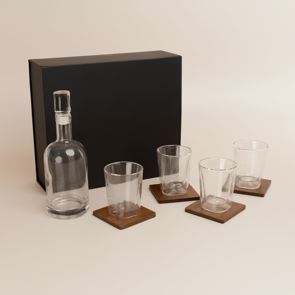 Old World Whiskey Decanter and Glass Set in Faux Leather Case with four glasses on wooden coasters.