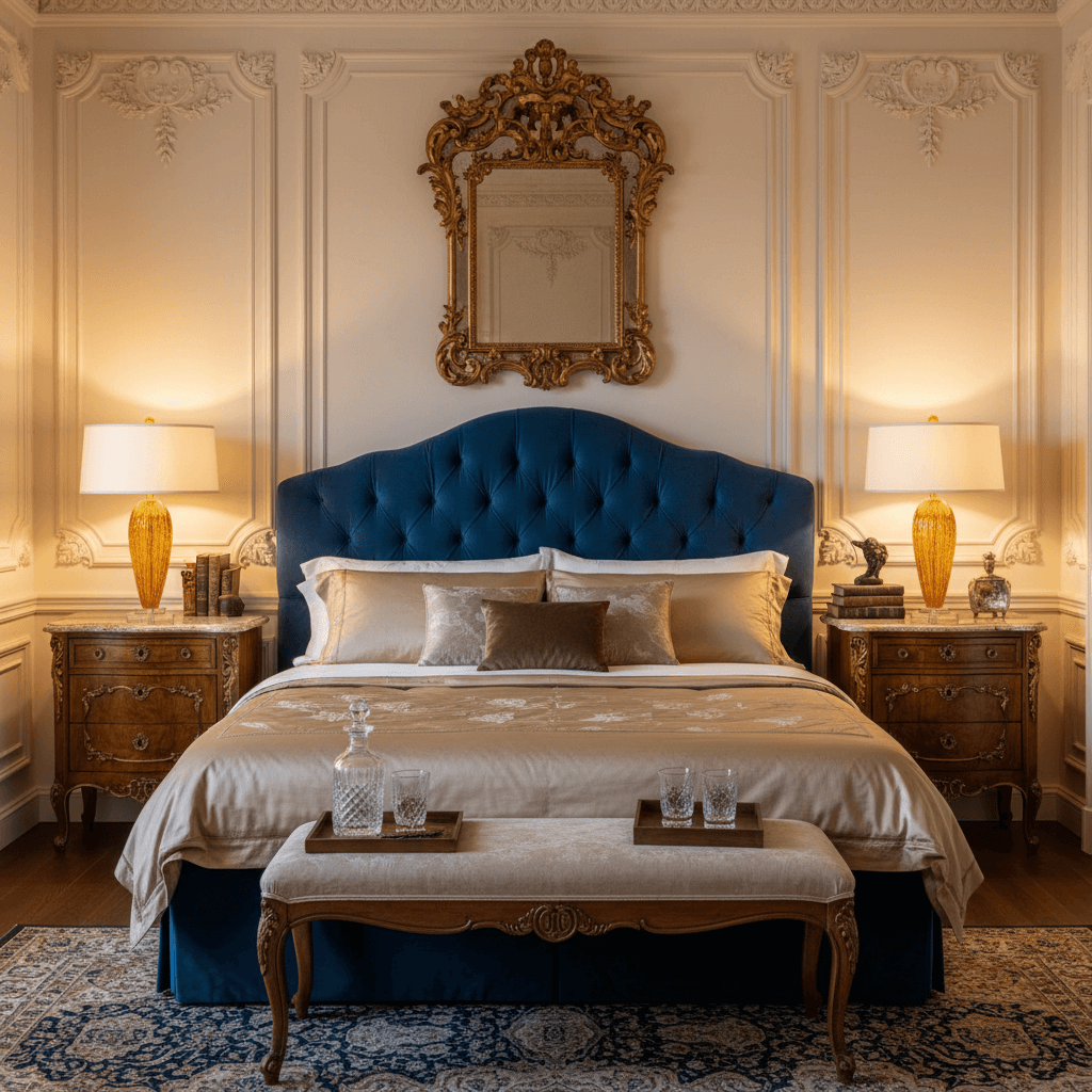 Luxurious bedroom with a blue upholstered bed, ornate mirror, and elegant decor. A pair of Murano glass table lamps are on nightstands on each side of the bed.
