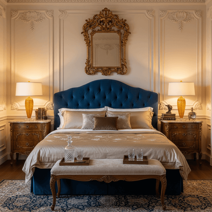 Luxurious bedroom with a blue upholstered bed, ornate mirror, and elegant decor. A pair of Murano glass table lamps are on nightstands on each side of the bed.