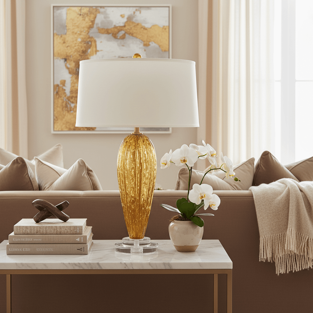 Living room with a Murano glass table lamp, books, and a plant on a table.