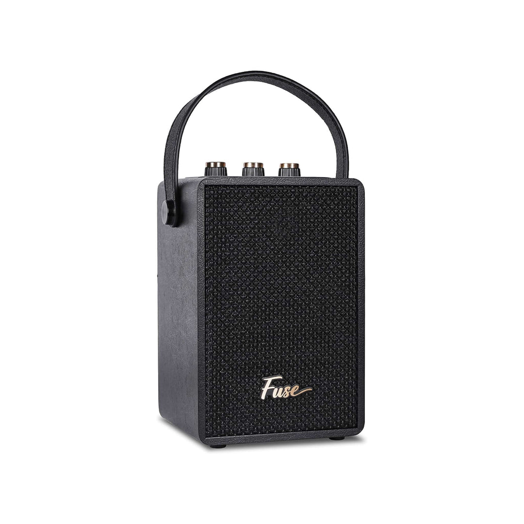 Black portable speaker with 'Fuse' branding on a white background