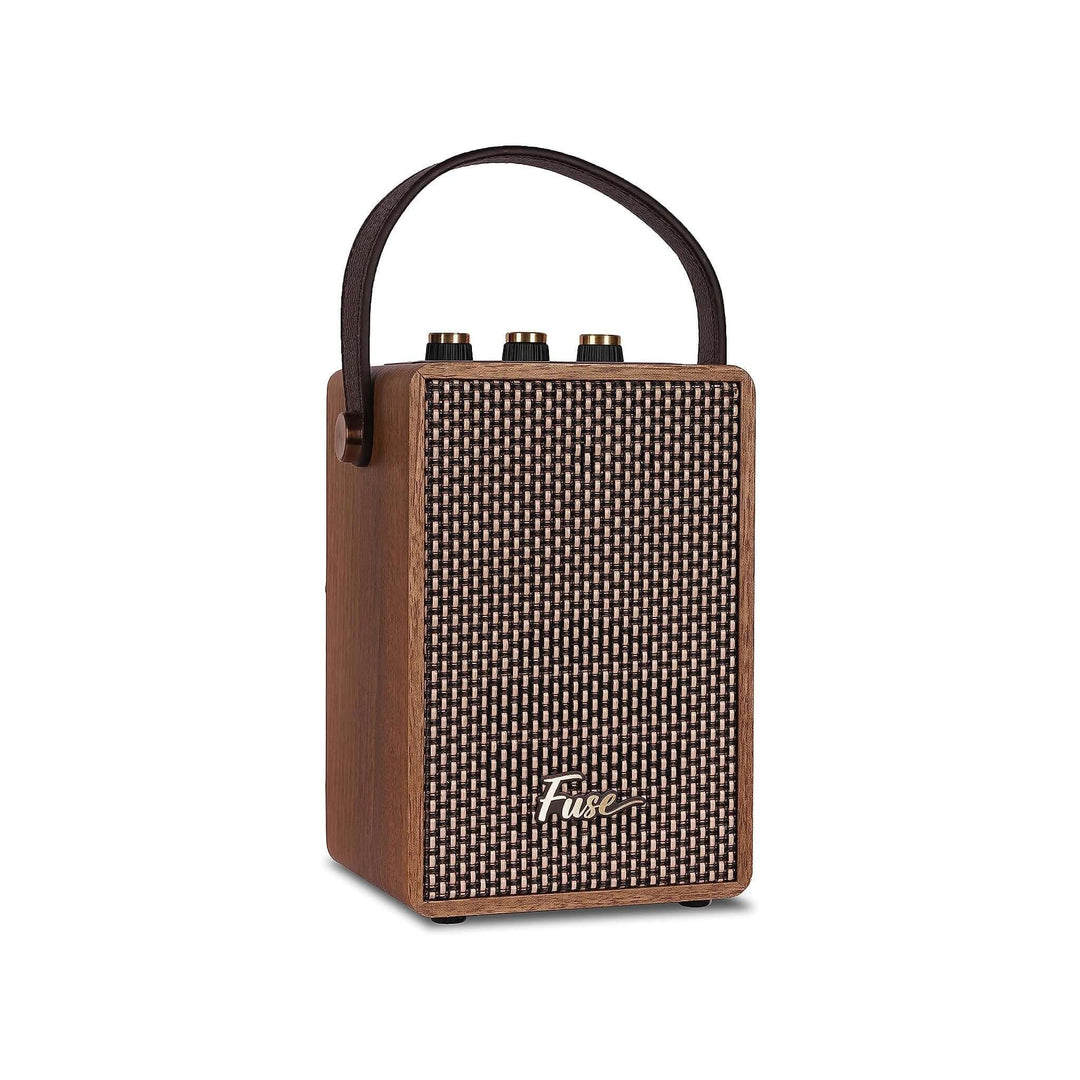 Portable speaker with woven texture and brown accents on a white background