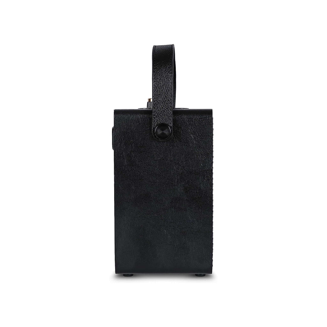 Black speaker with a strap on a white background