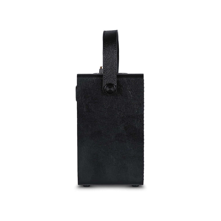 Black speaker with a strap on a white background