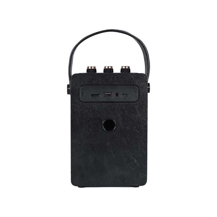 Black portable audio device with USB ports on a white background