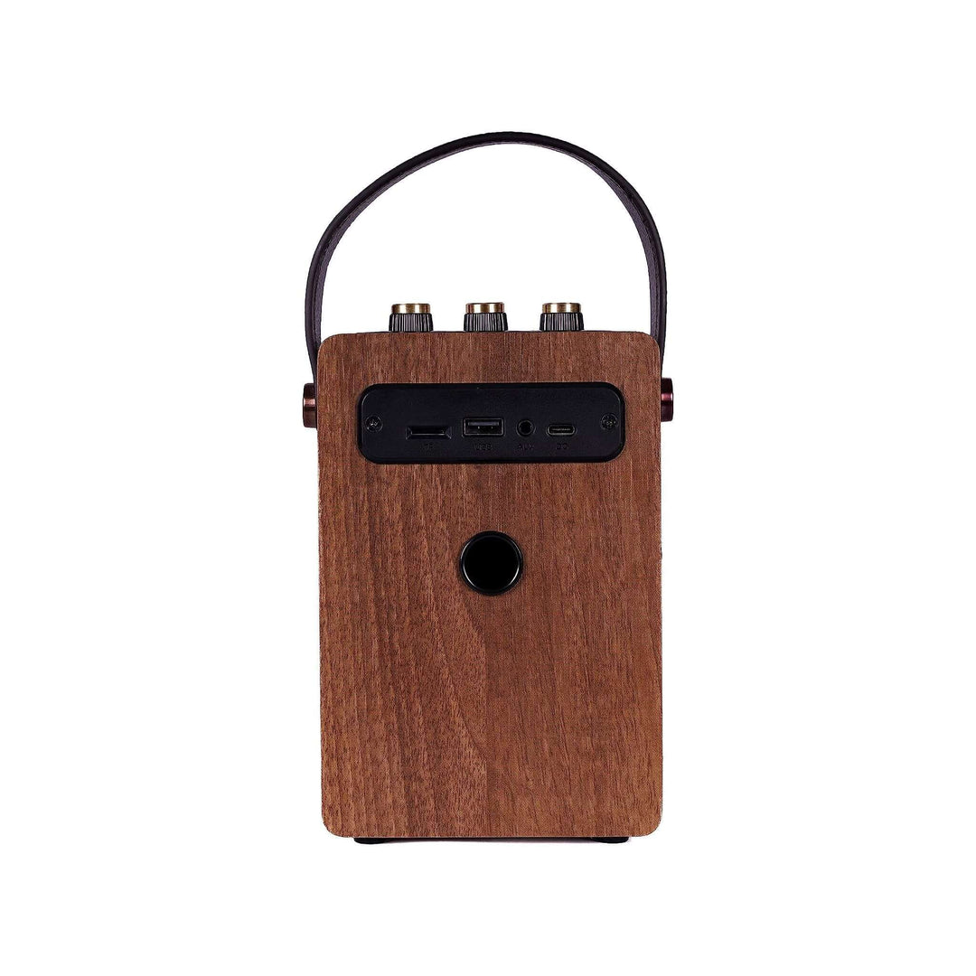 Wooden portable device with black accents on a white background