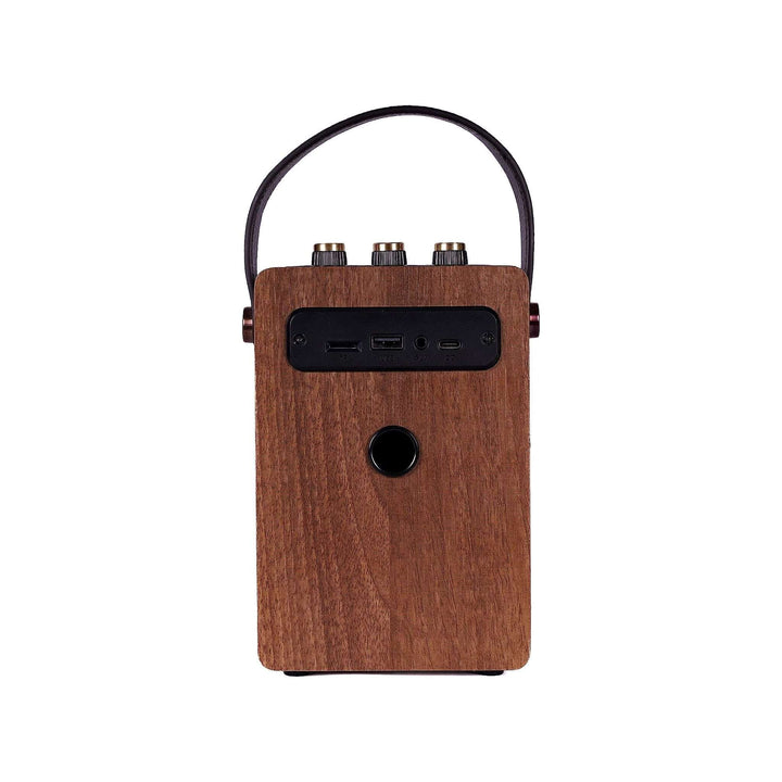 Wooden portable device with black accents on a white background