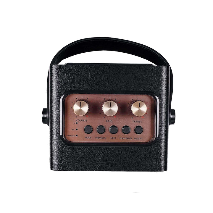 Black portable speaker with brown display and control knobs on a white background