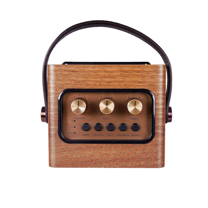 Wooden portable speaker with control knobs on a white background