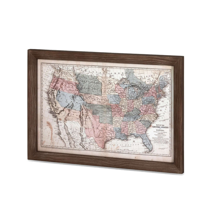 Antique 1850s United States wall map in dark wood frame showing historical borders and pastel colors, vintage cartography.