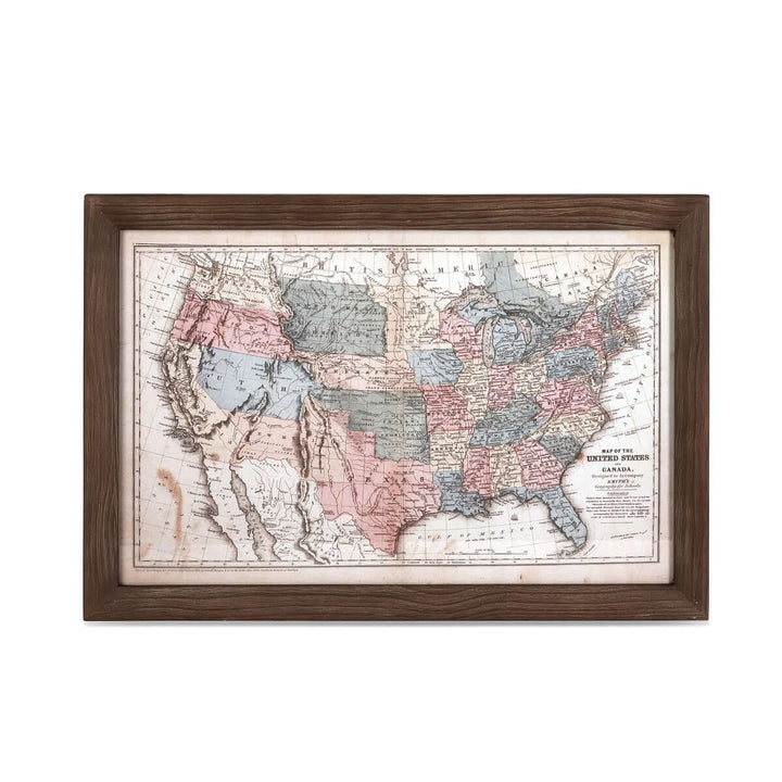 Antique 1850s United States Wall Map in dark wood frame displaying vintage cartography with faded pastel colors.