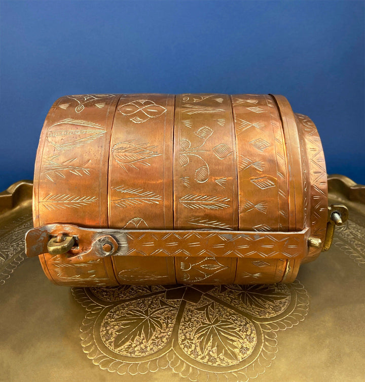 Antique 19th-century Copper and Brass Turkish 4 Stacking Bowls Lunch Box with Handle displayed on a decorative tray.