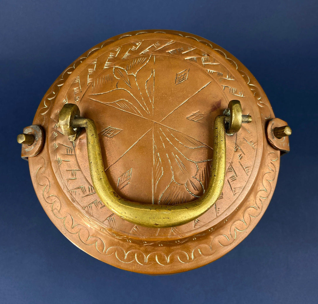 Antique 19th-century Copper and Brass Turkish 4 Stacking Bowls Lunch Box with Handle top view.