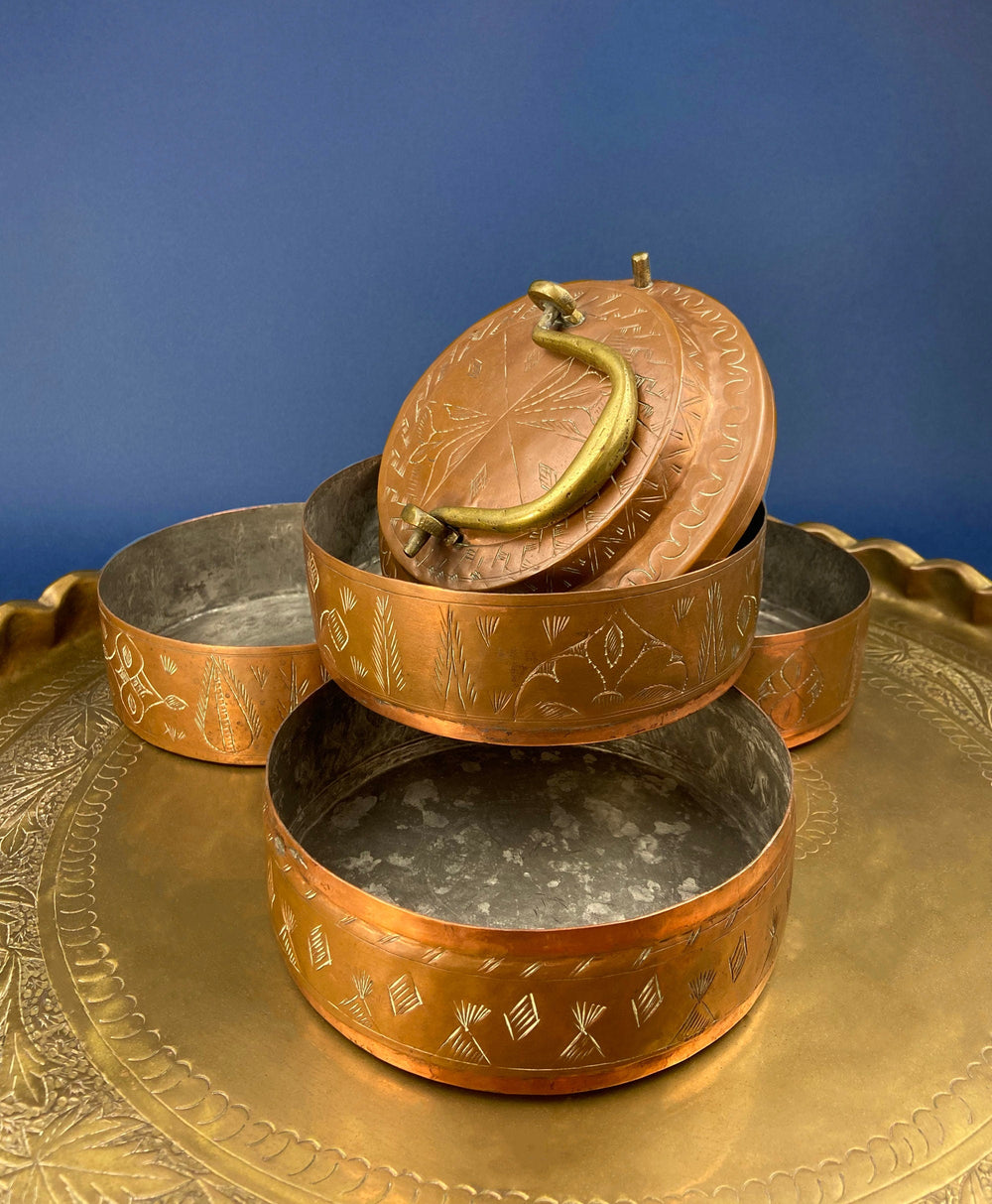 Antique 19th-century Copper and Brass Turkish 4 Stacking Bowls Lunch Box with Handle. Vintage Gifts.
