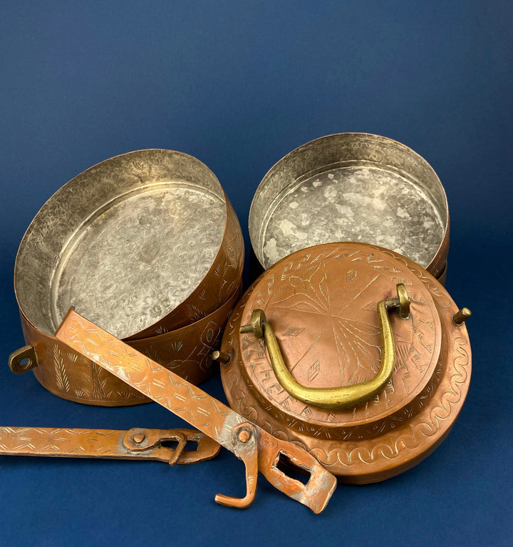 Antique 19th-century Copper and Brass Turkish 4 Stacking Bowls Lunch Box with Handle. Vintage Gifts.