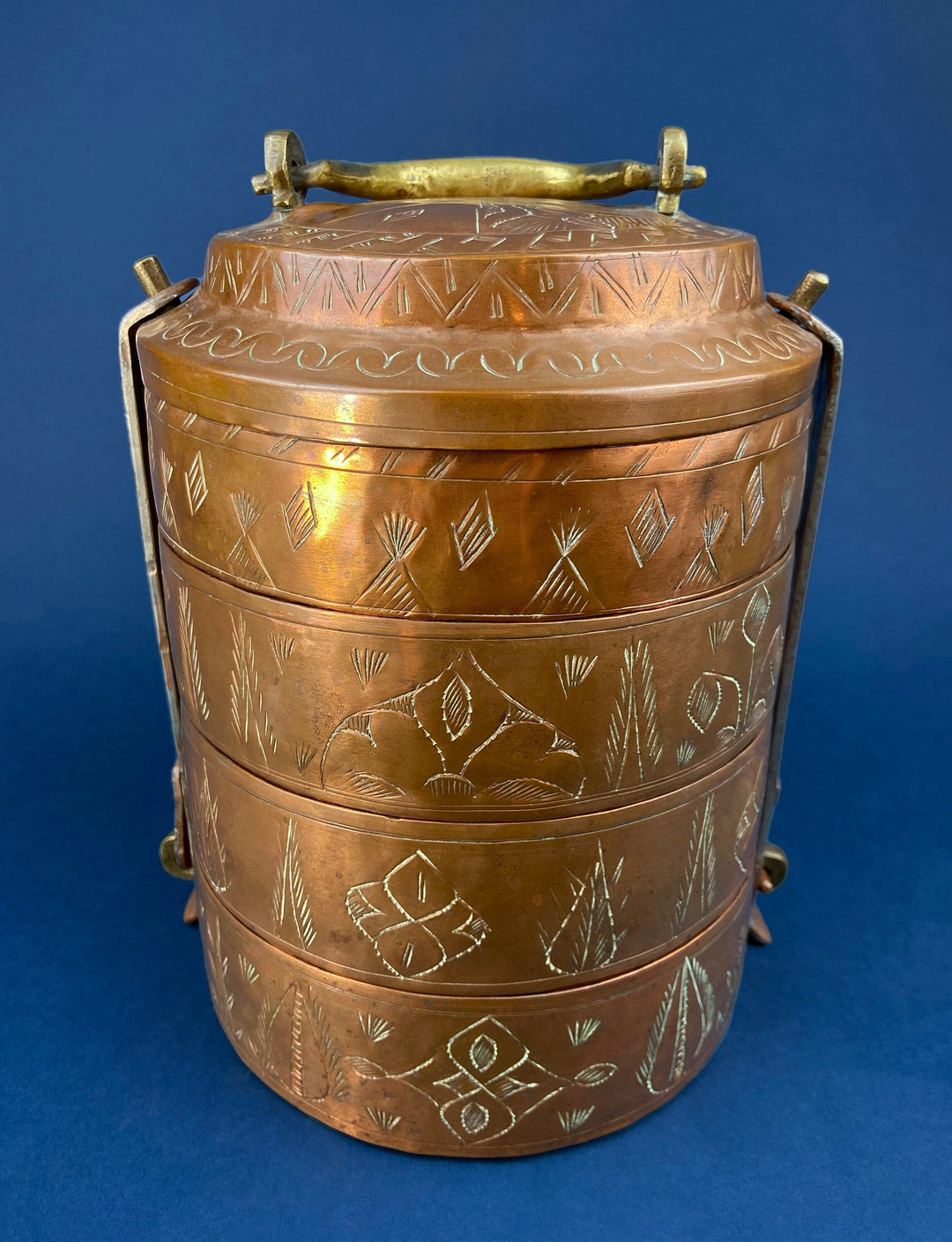 Antique 19th-century Copper and Brass Turkish 4 Stacking Bowls Lunch Box with Handle. Vintage Gifts.