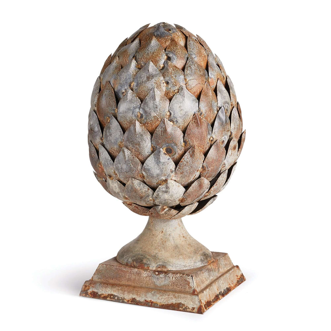 Antique artichoke ornament on pedestal base, showcasing Old World elegance in age-worn finish.