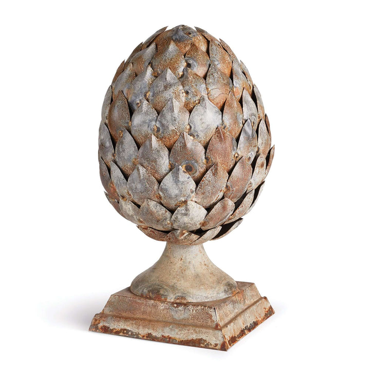 Antique artichoke ornament on pedestal base, showcasing Old World elegance in age-worn finish.