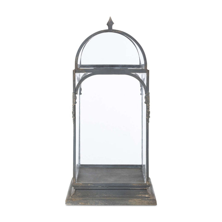 Antique Black Iron Conservatory Tabletop Terrarium with Victorian Arch Detail, elegant glass iron terrarium.