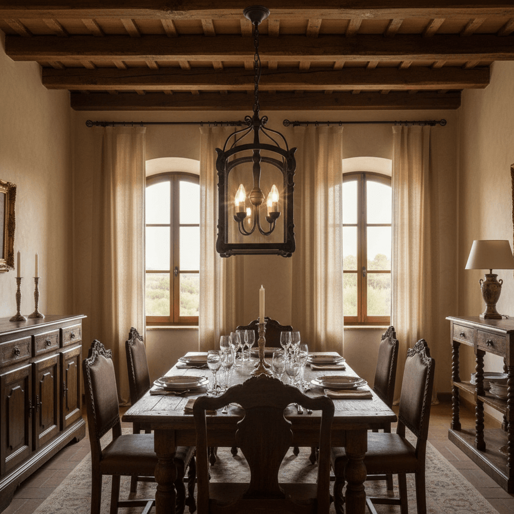 Dining room featuring Antique Black Italian Carved Wood Lantern Chandelier above an elegantly set table with classic decor.