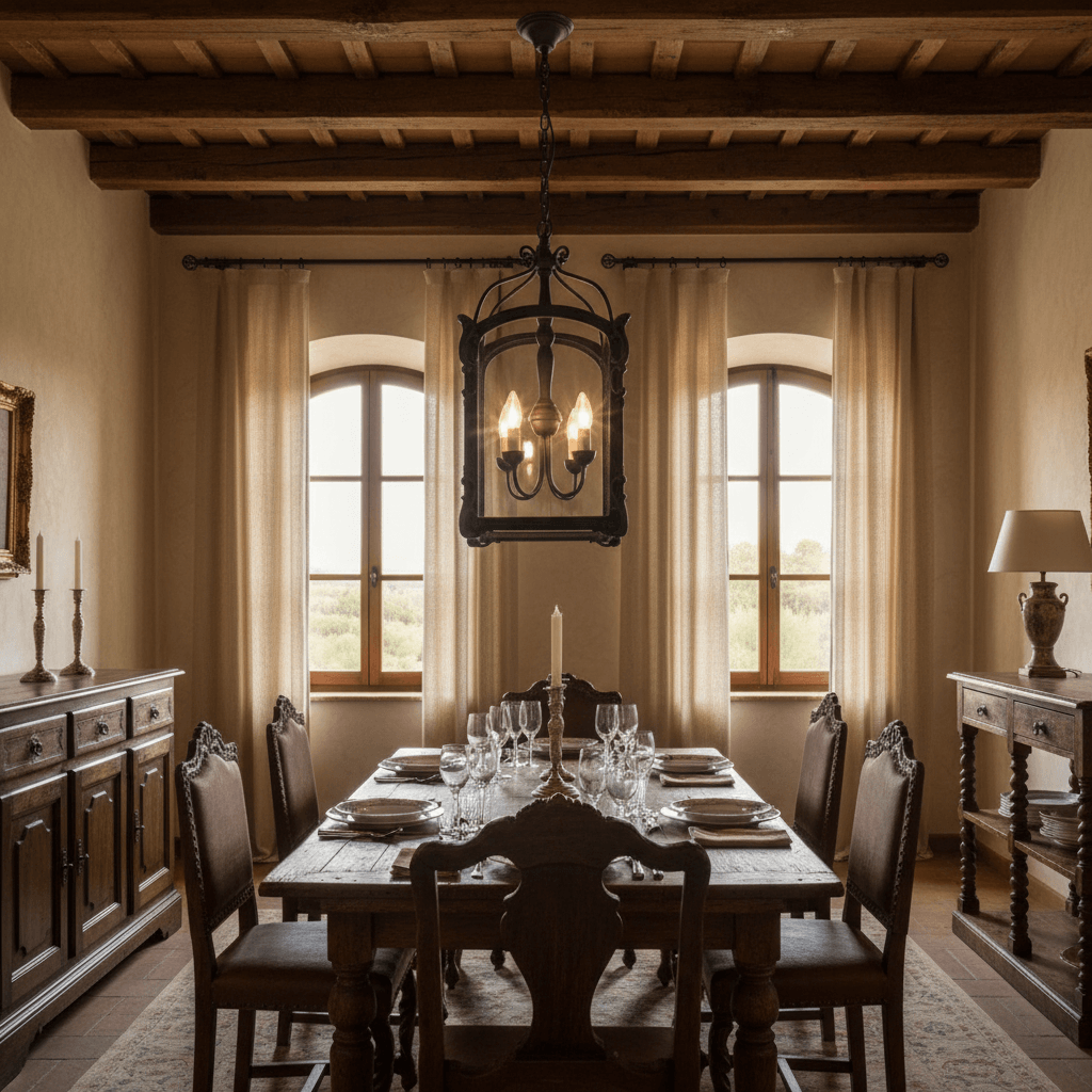 Dining room featuring Antique Black Italian Carved Wood Lantern Chandelier above an elegantly set table with classic decor.